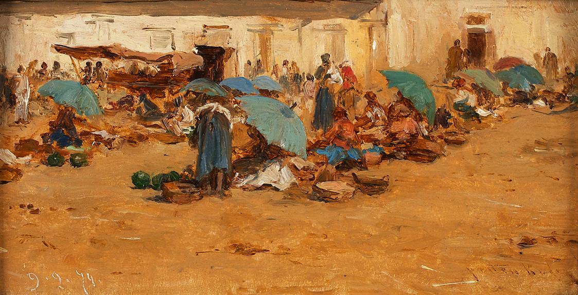 August von Pettenkofen, Ungarischer Markt mit blauen Schirmen, 1874, Öl auf Holz, 9 x 17 cm, Be ...