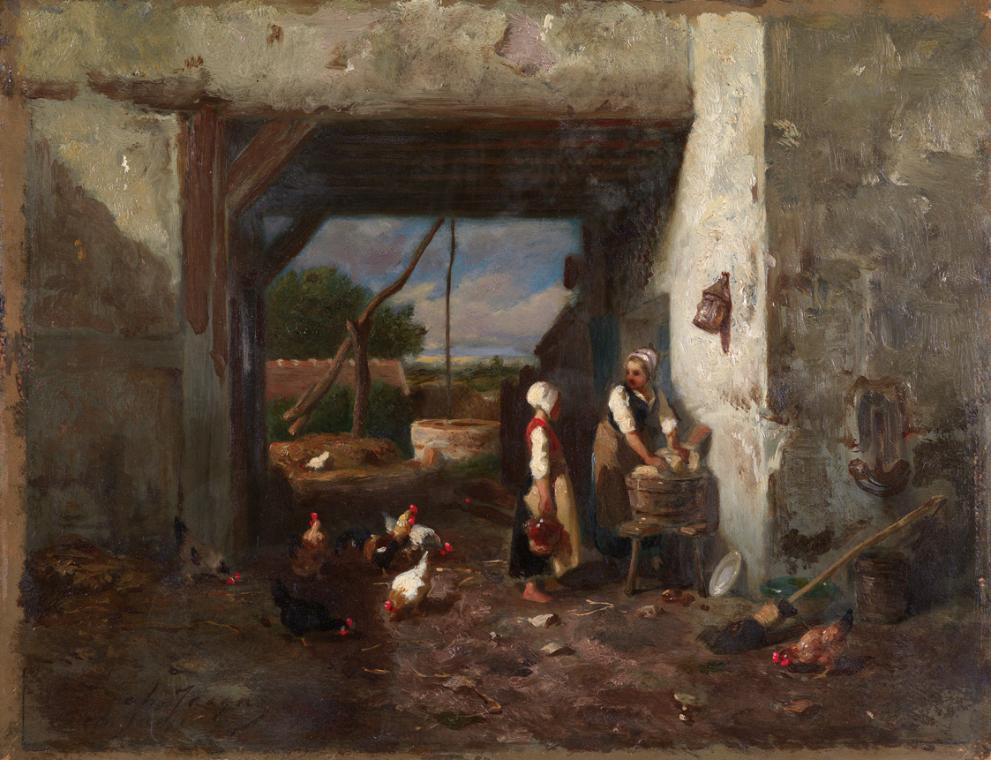 Charles Émile Jacque, Hühnerhof, um 1870, Öl auf Holz, 16,9 x 22,3 cm, Belvedere, Wien, Inv.-Nr…