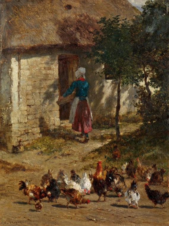 Constant Troyon, Hühner vor einem Bauernhaus, 1850/1860, Öl auf Holz, 36 x 27 cm, Belvedere, Wi…
