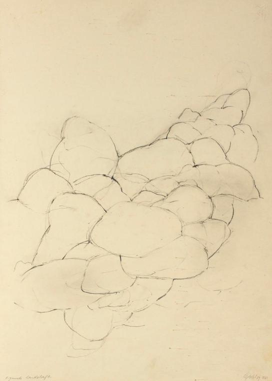 Roland Goeschl, Figurale Landschaft, 1959, Bleistift auf Papier, 44,1 x 31,2 cm, Belvedere, Wie…