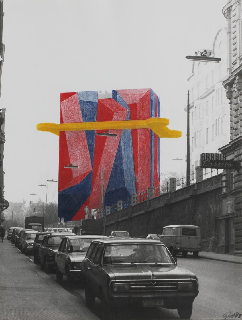 Roland Goeschl, Flakturmbemalung, 1972, Buntstift auf S/W Fotografie, 39,1 × 29,7 cm, Belvedere…