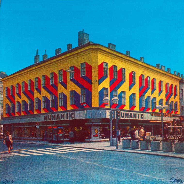 Roland Goeschl, Humanic-Haus Wien-Favoriten, Fassadengestaltung, 1977, Offsetdruck auf Karton, …