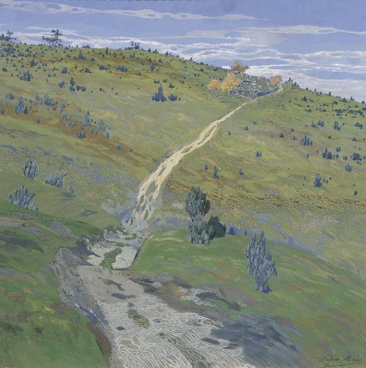 Hugo Baar, Gebirgsweg in den Beskiden, 1902, Tempera auf Karton, 60 x 60 cm, Belvedere, Wien, I ...