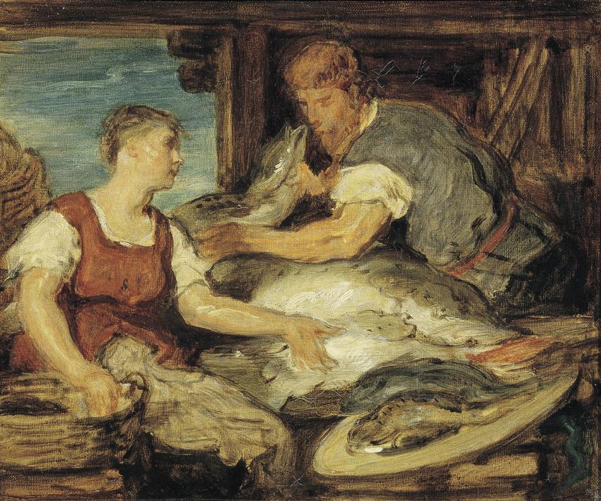 Hans Canon, Die Fischverkäuferin (Der Fischmarkt), vor 1885, Öl auf Leinwand, 26,3 x 31 cm, Bel…