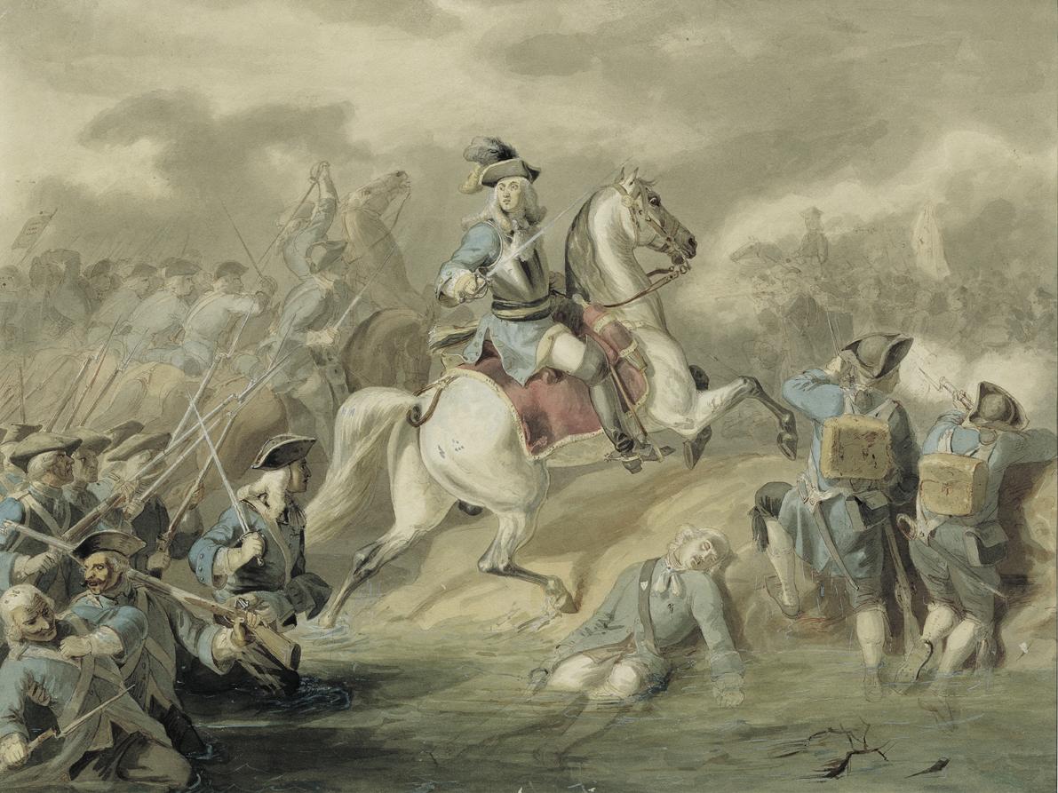 Sigmund L'Allemand, Vorstürmender Feldherr in der Schlacht, undatiert, Aquarell auf Papier, 41 …