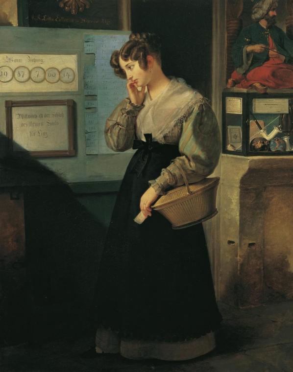 Peter Fendi, Mädchen vor dem Lotteriegewölbe, 1829, Öl auf Leinwand, 63 x 50 cm, Belvedere, Wie…
