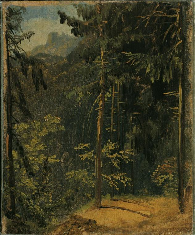 Carl Blechen, Waldweg im Harz, 1833, Öl auf Papier auf Leinwand auf Karton, 25,5 x 21 cm, Belve…