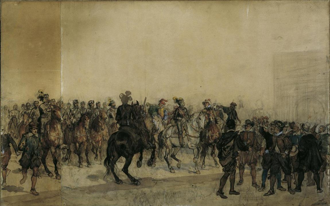 Sigmund L'Allemand, Die Ankunft der Kürassiere Henri Duval Graf von Dampierres im Burghof, 1882 ...