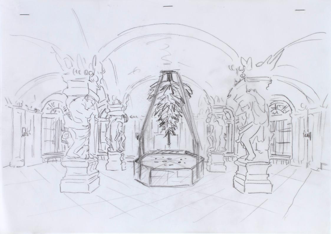 Fabian Seiz, Vorzeichnung zu Hang in tree, 2011, Bleistift auf Transparentpapier, 30 × 42,5 cm,…