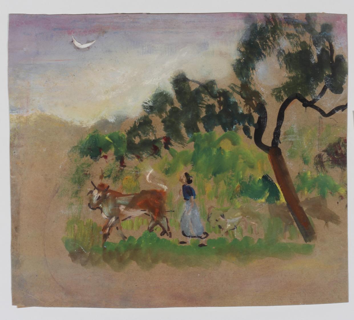 Ernestine Rotter-Peters, Magd mit Kuh, undatiert, Tempera auf Papier, 18 x 21 cm, Belvedere, Wi…