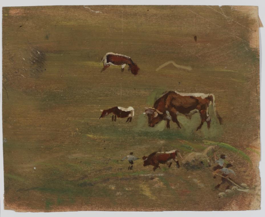 Ernestine Rotter-Peters, Kühe und Stier auf der Weide, undatiert, Tempera auf Papier, 18,5 x 21…