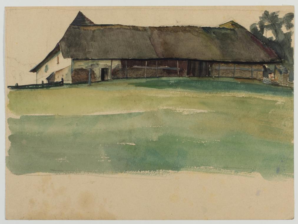 Ernestine Rotter-Peters, Bauernhaus, 1930–1940, Tempera auf Papier, 15,8 x 27,4 cm, Belvedere, …