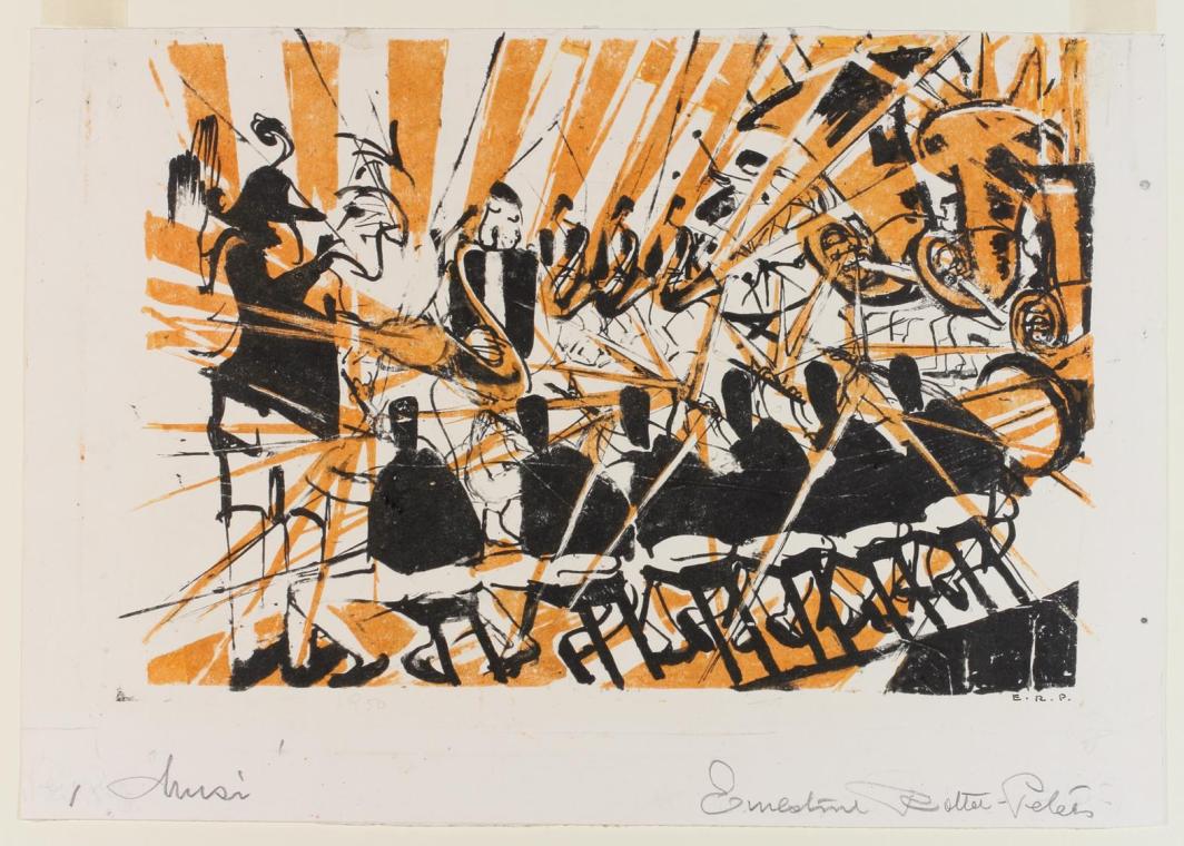 Ernestine Rotter-Peters, Musi, 1950, Metallplattendruck, 27 x 39 cm, Dauerleihgabe aus Privatbe…