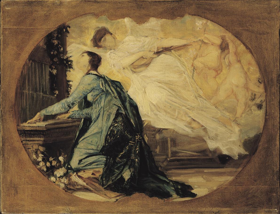 Gustav Klimt, Entwurf für die Allegorie der Musik (Orgelspielerin), 1884, Öl auf Leinwand, 38,5…