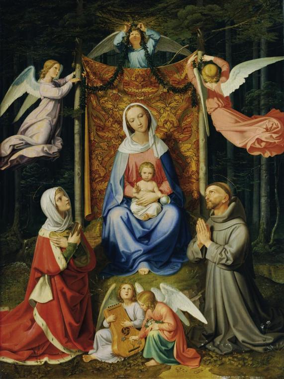 Joseph von Führich, Waldesruhe (Madonna mit Kind, hl. Adelheid und hl. Franziskus), 1835, Öl au ...