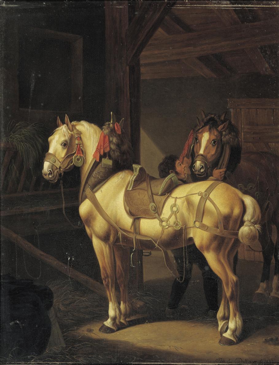 Johann Baptist Michael Dallinger von Dalling, Zwei Zugpferde im Stall, 1832, Öl auf Holz, 41,5 …