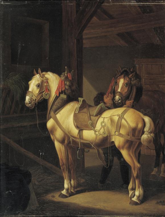 Johann Baptist Michael Dallinger von Dalling, Zwei Zugpferde im Stall, 1832, Öl auf Holz, 41,5 …