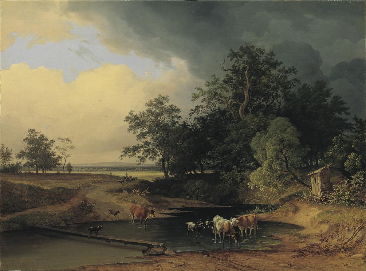 Josef Feid, Aulandschaft bei Abendstimmung, 1847, Öl auf Leinwand, 71 x 95 cm, Belvedere, Wien,…