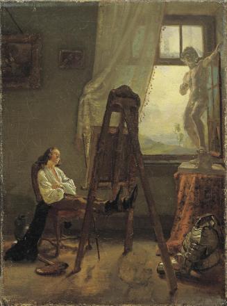 Josef Danhauser, Der eingeschlafene Maler im Atelier, 1830, Öl auf Leinwand, 23,5 x 17,5 cm, Be…