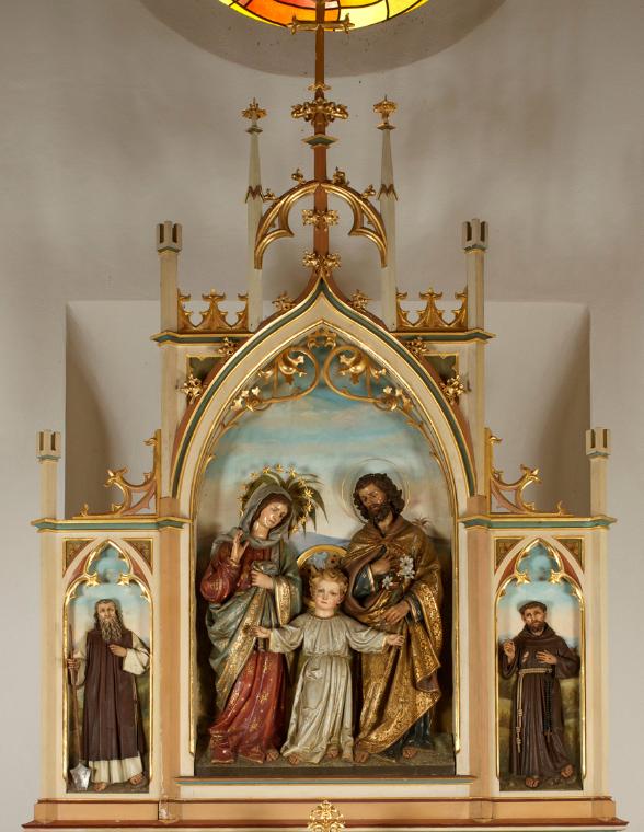 Ferdinand Stuflesser, Altar aus Stetten, Holz, gefasst, Gesamt: 220 × 208 × 44 cm, Mittelschrei…