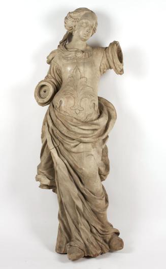 Unbekannter Künstler, Allegorische Figur oder weibliche Heilige, um 1690, Holz, abgeriebene wei…