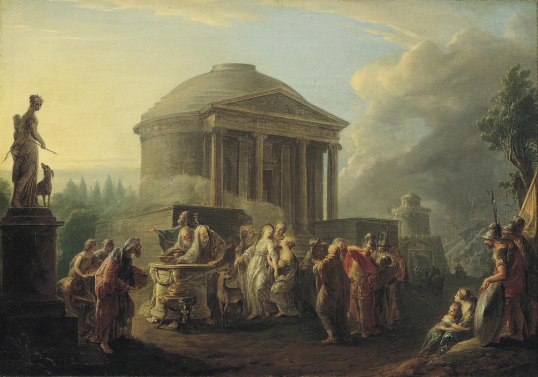 Vinzenz Fischer, Architekturstück mit der Opferung Iphigeniens, 1790, Öl auf Leinwand, 52 x 74 …