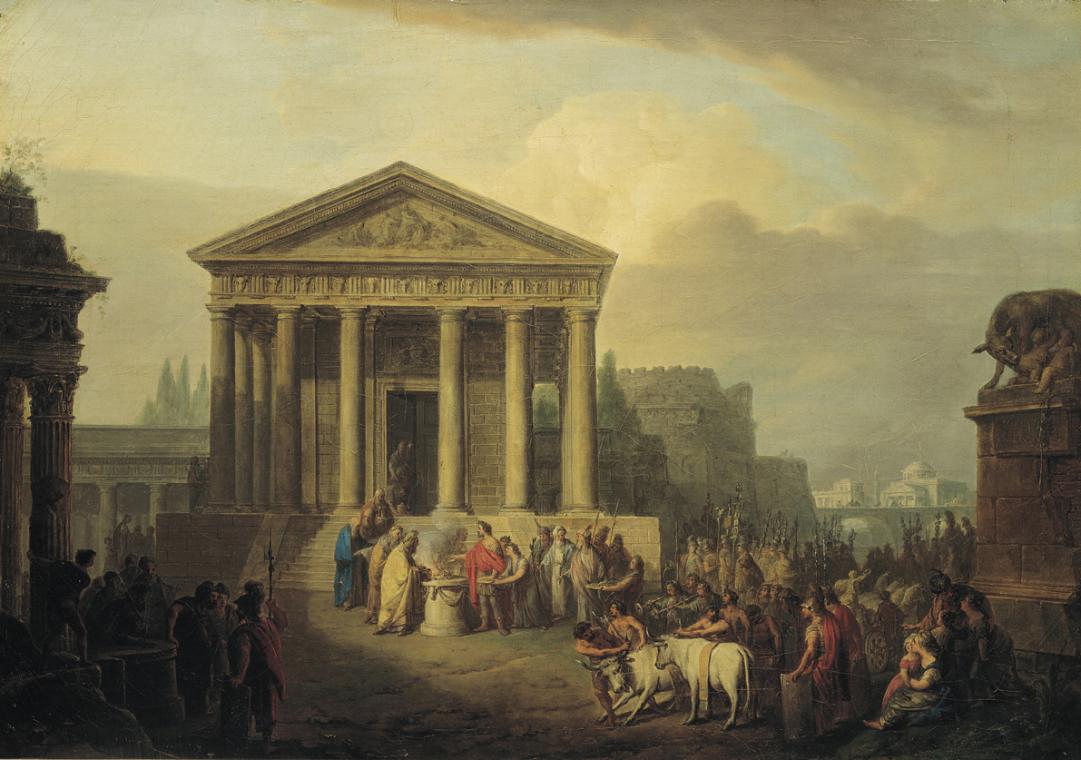 Vinzenz Fischer, Architekturstück mit Opferhandlung vor römischem Tempel, 1791, Öl auf Leinwand…