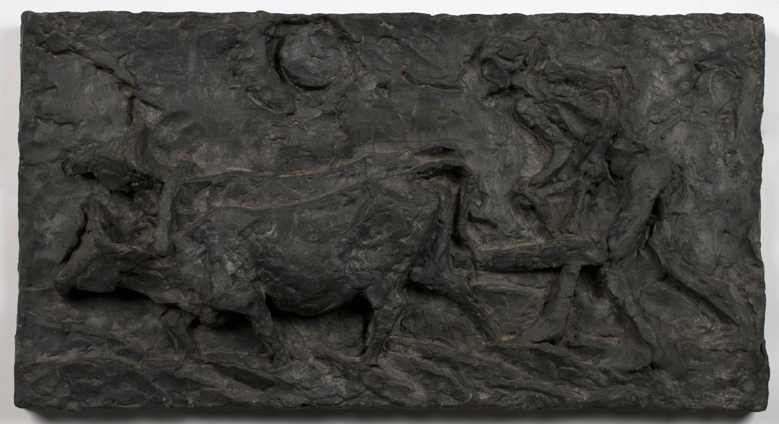 Walter Nagl, Pflügender Bauer, vor 1969, Steinguss, 43 x 79 cm, Leihgabe der Artothek des Bunde…