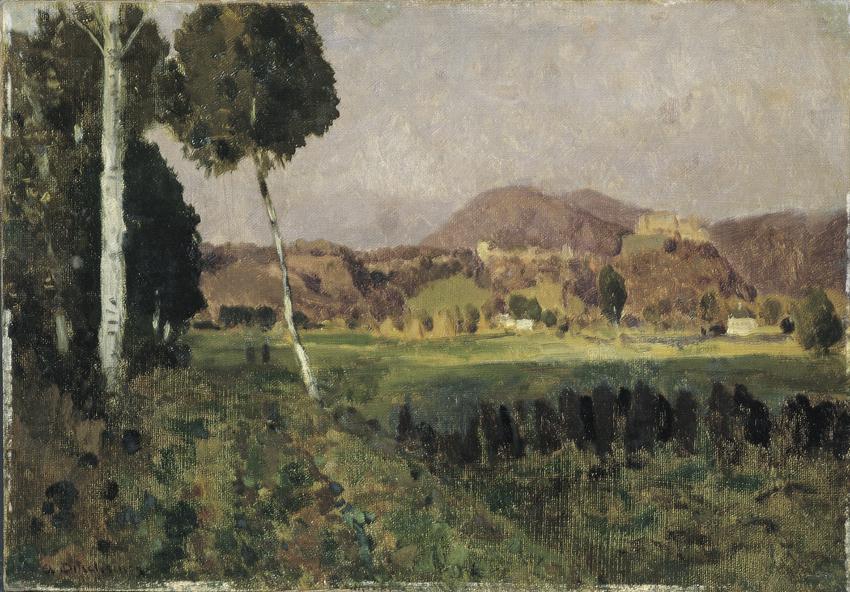 Adolf Gustav Ditscheiner, Burg Hohensalzburg mit Gaisberg, Öl auf Leinwand auf Karton, 24,8 x 3…