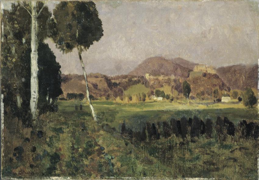 Adolf Gustav Ditscheiner, Burg Hohensalzburg mit Gaisberg, Öl auf Leinwand auf Karton, 24,8 x 3…