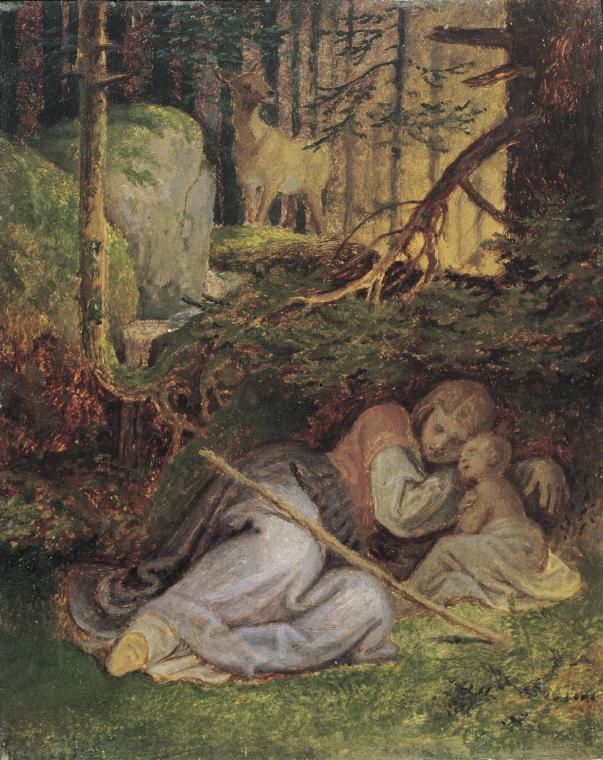 Joseph von Führich, Genovevas Rast im Walde, um 1869, Öl auf Holz, 18,6 x 15 cm, Belvedere, Wie…