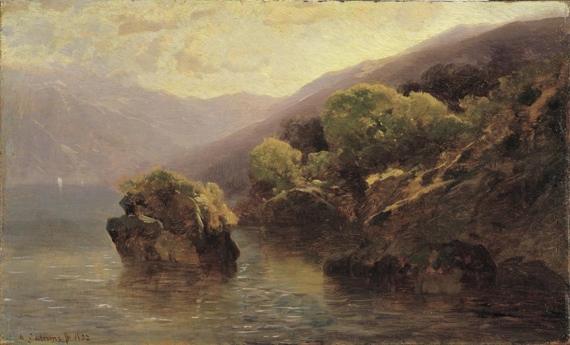 Alexandre Calame, Partie vom Genfer See, 1852, Öl auf Holz, 17,5 x 28,5 cm, Belvedere, Wien, In…