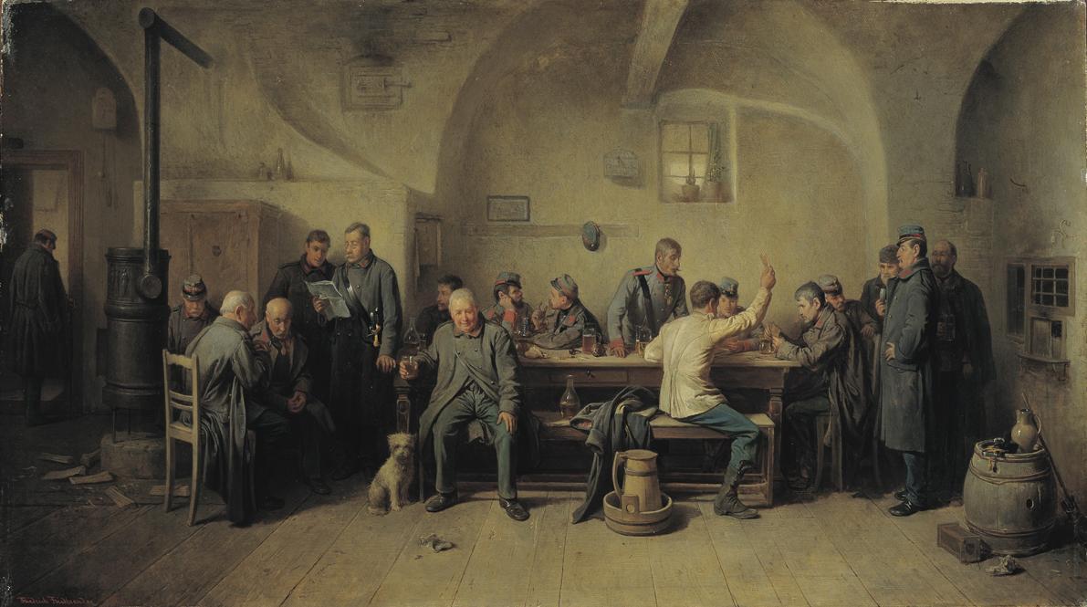 Friedrich Friedländer Ritter von Malheim, Soldaten in der Kantine, 1875, Öl auf Holz, 36,2 x 64 ...