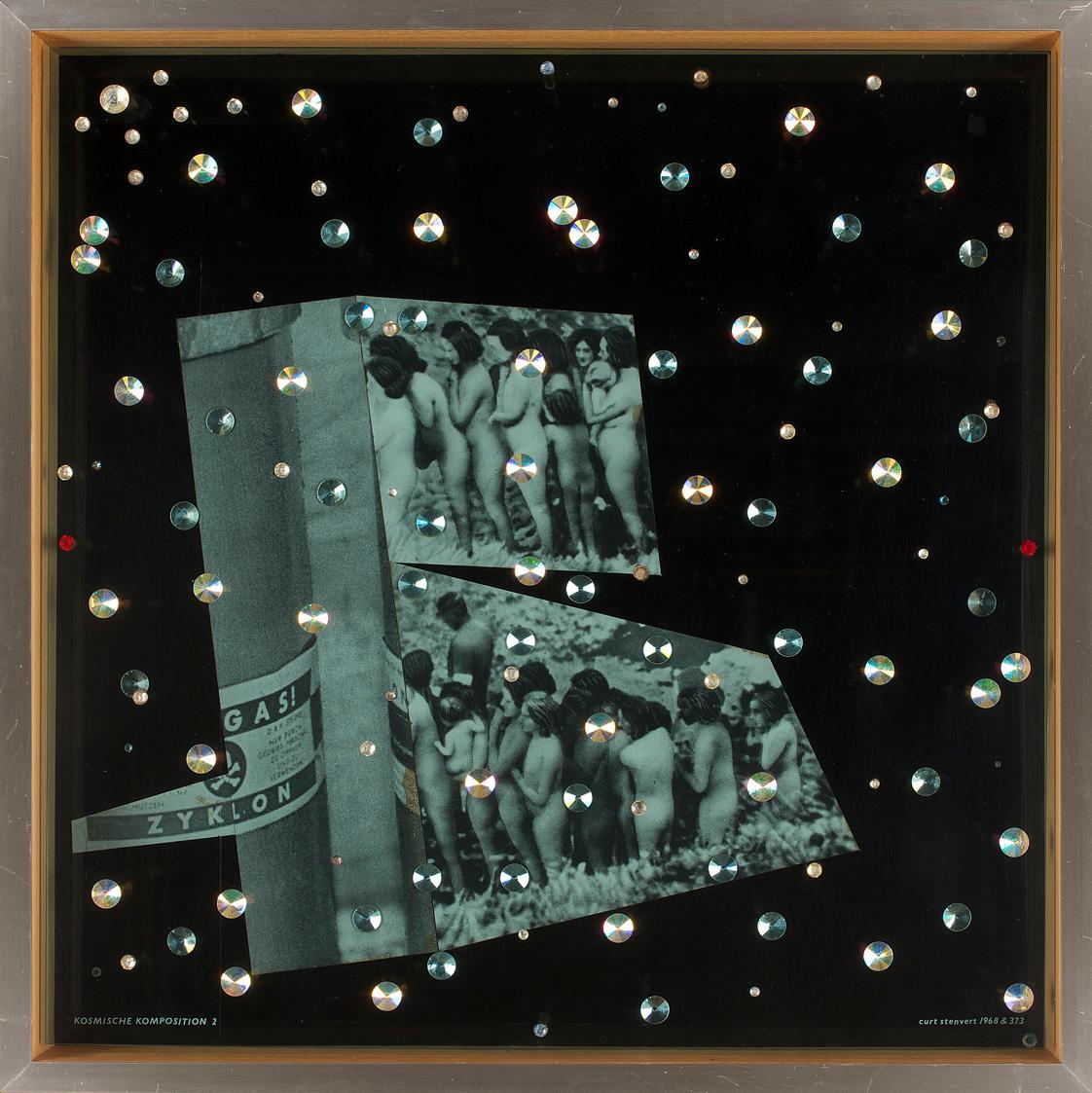 Curt Stenvert, Kosmische Komposition 2, 1968, Fotocollage, Glaskristalle in Objektkasten, 52 x …