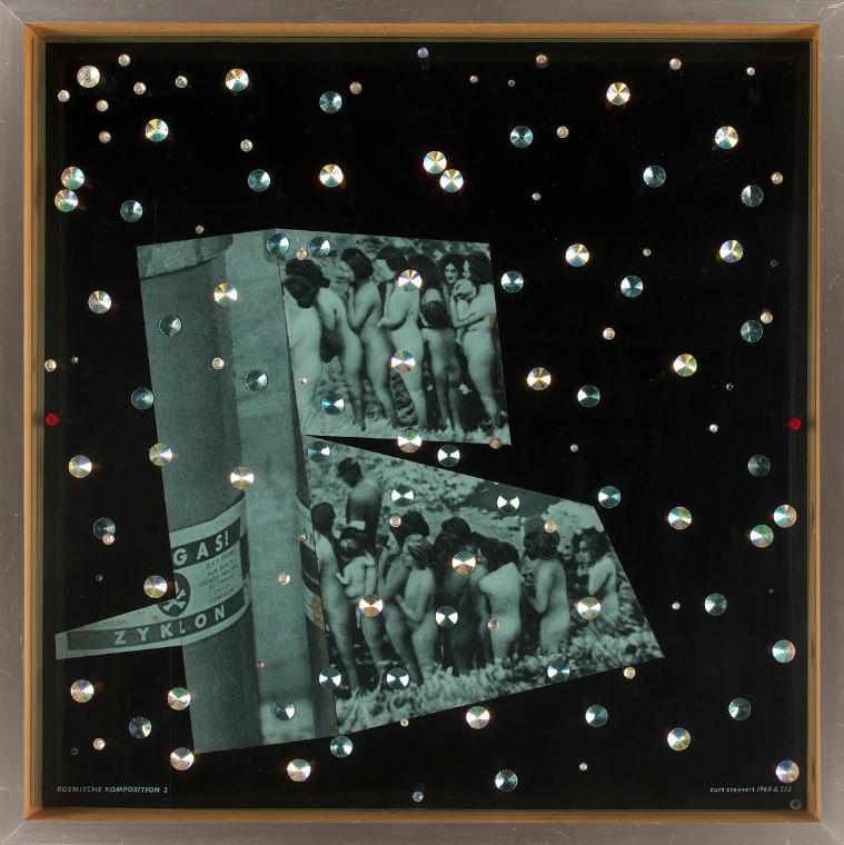 Curt Stenvert, Kosmische Komposition 2, 1968, Fotocollage, Glaskristalle in Objektkasten, 52 x …