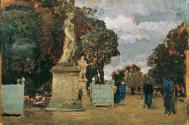 Tina Blau, Aus den Tuilerien – Grauer Tag, 1883, Öl auf Holz, 18 x 27 cm, Belvedere, Wien, Inv.…