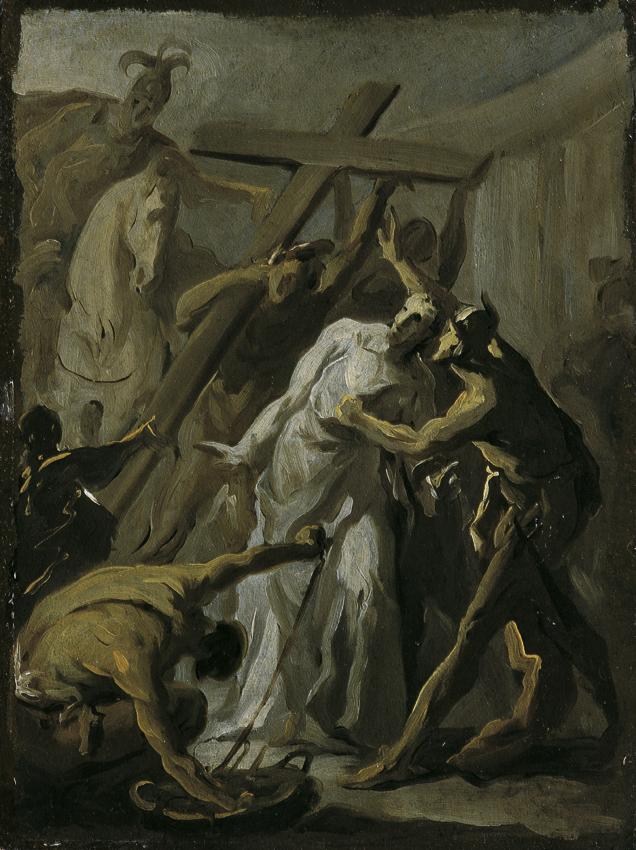 Unbekannter Künstler, Christus wird das Kreuz auferlegt, um 1780, Ölgrisaille auf Papier, auf K…