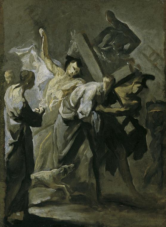 Unbekannter Künstler, Christus trägt das Kreuz, um 1780, Ölgrisaille auf Papier, auf Karton auf…