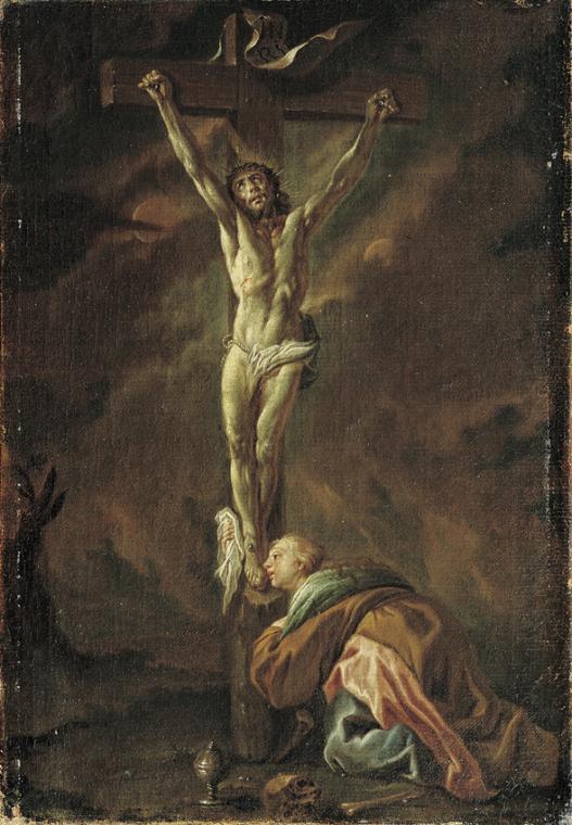Unbekannter Künstler, Christus am Kreuz mit Maria Magdalena, um 1730/1740, Öl auf Leinwand, 57 …
