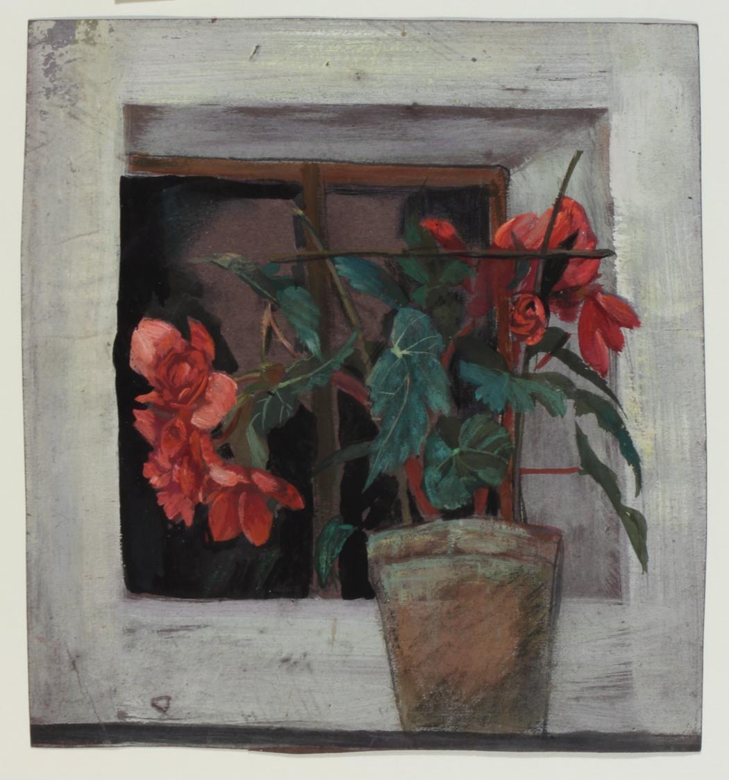 Ernestine Rotter-Peters, Blumenstock am Fenster, 1920–1930, Mischtechnik auf Papier, 21,5 x 20 …