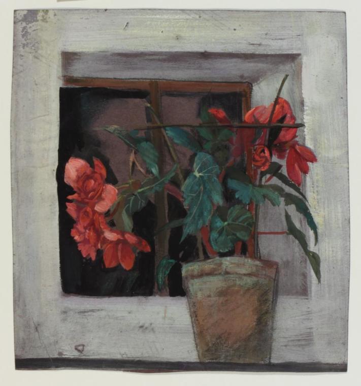 Ernestine Rotter-Peters, Blumenstock am Fenster, 1920–1930, Mischtechnik auf Papier, 21,5 x 20 …