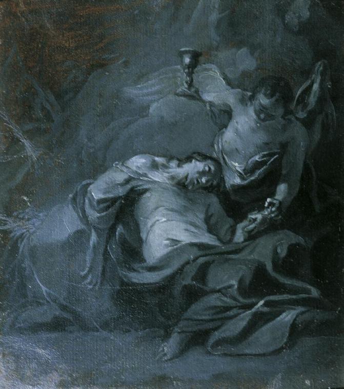 Franz Sigrist d. Ä., Christus am Ölberg (I), um 1780, Ölgrisaille auf Karton, 19 x 28 cm, Belve ...