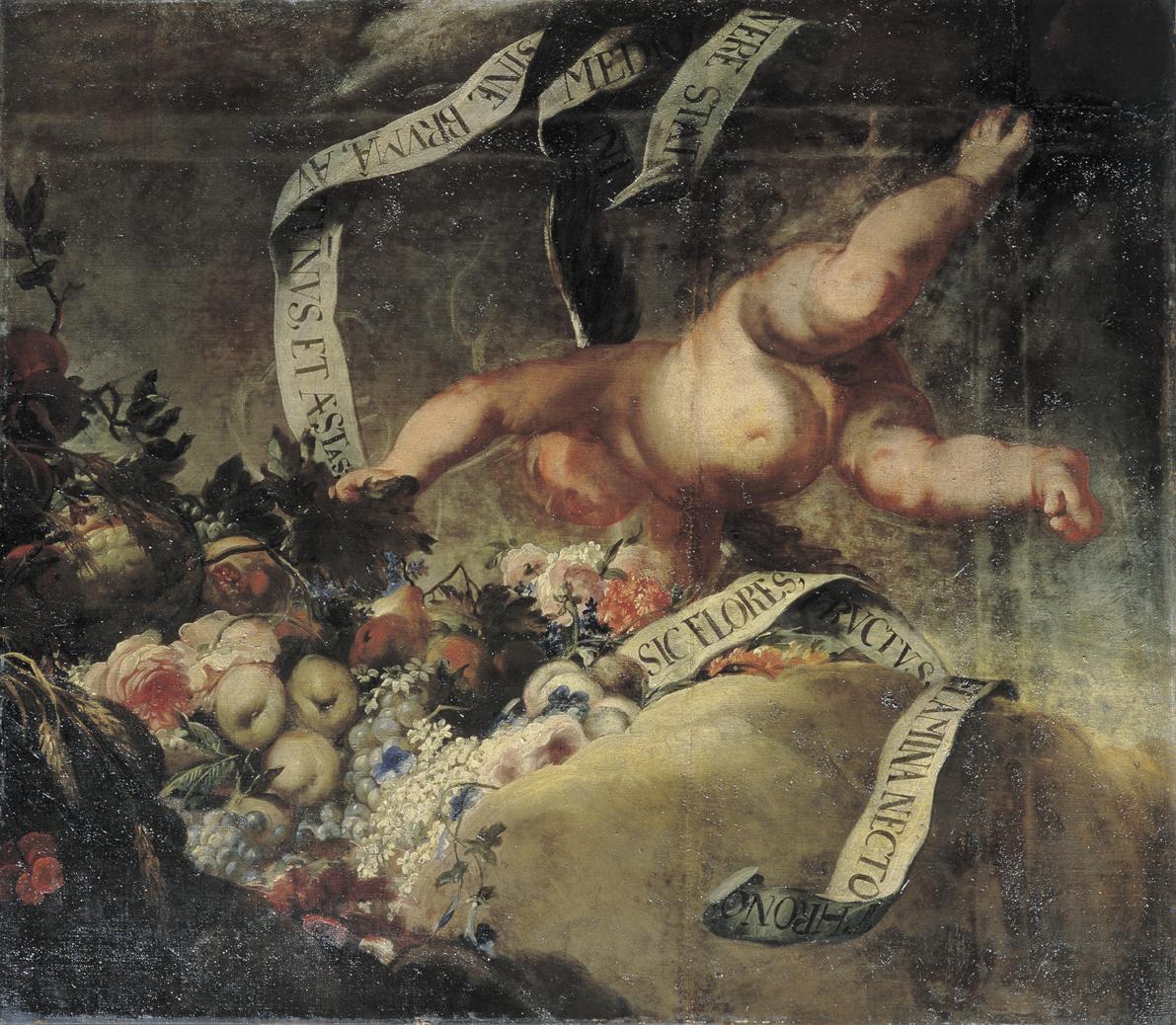 Peter Strudel, Putto mit Blumen, Früchten und Spruchband, 1698/1699, Öl auf Leinwand, 110 x 127…