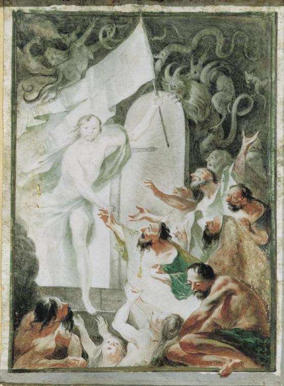 Joseph Winterhalder d. J., Christus in der Vorhölle, um 1763, Aquarell auf Pergament, 22 x 16,4 ...