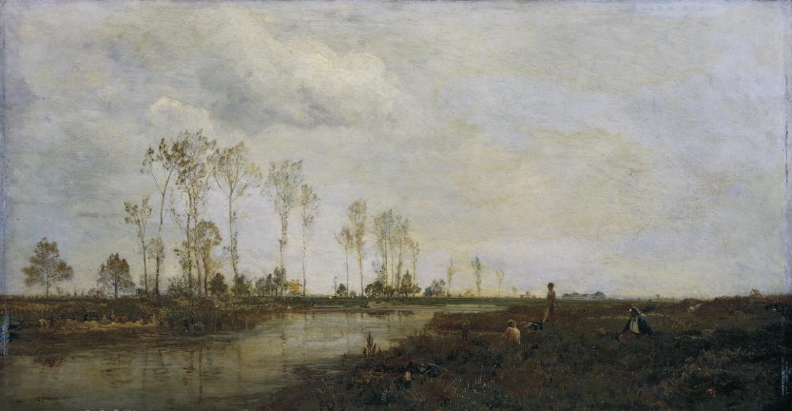 Emil Jakob Schindler, An der Thaya bei Lundenburg I, 1877, Öl auf Holz, 39,5 x 74 cm, Belvedere…