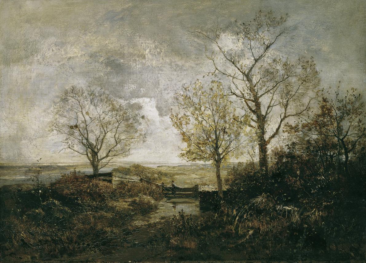 Emil Jakob Schindler, Herbstlandschaft am Fluss, um 1887-1888, Öl auf Leinwand, 41 x 56 cm, Bel…