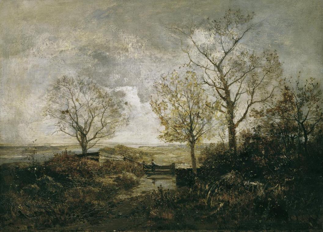 Emil Jakob Schindler, Herbstlandschaft am Fluss, um 1887-1888, Öl auf Leinwand, 41 x 56 cm, Bel…