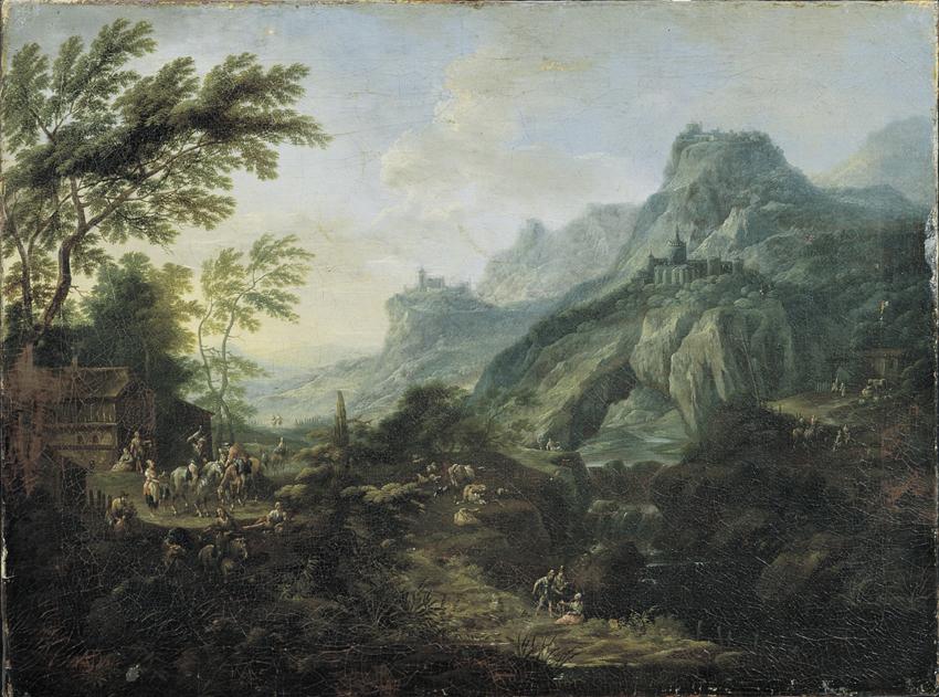 Maximilian Joseph Schinnagl, Ideale Berglandschaft mit Gehöft, Öl auf Leinwand, 52 x 70 cm, Bel…