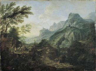 Maximilian Joseph Schinnagl, Ideale Berglandschaft mit Gehöft, Öl auf Leinwand, 52 x 70 cm, Bel…