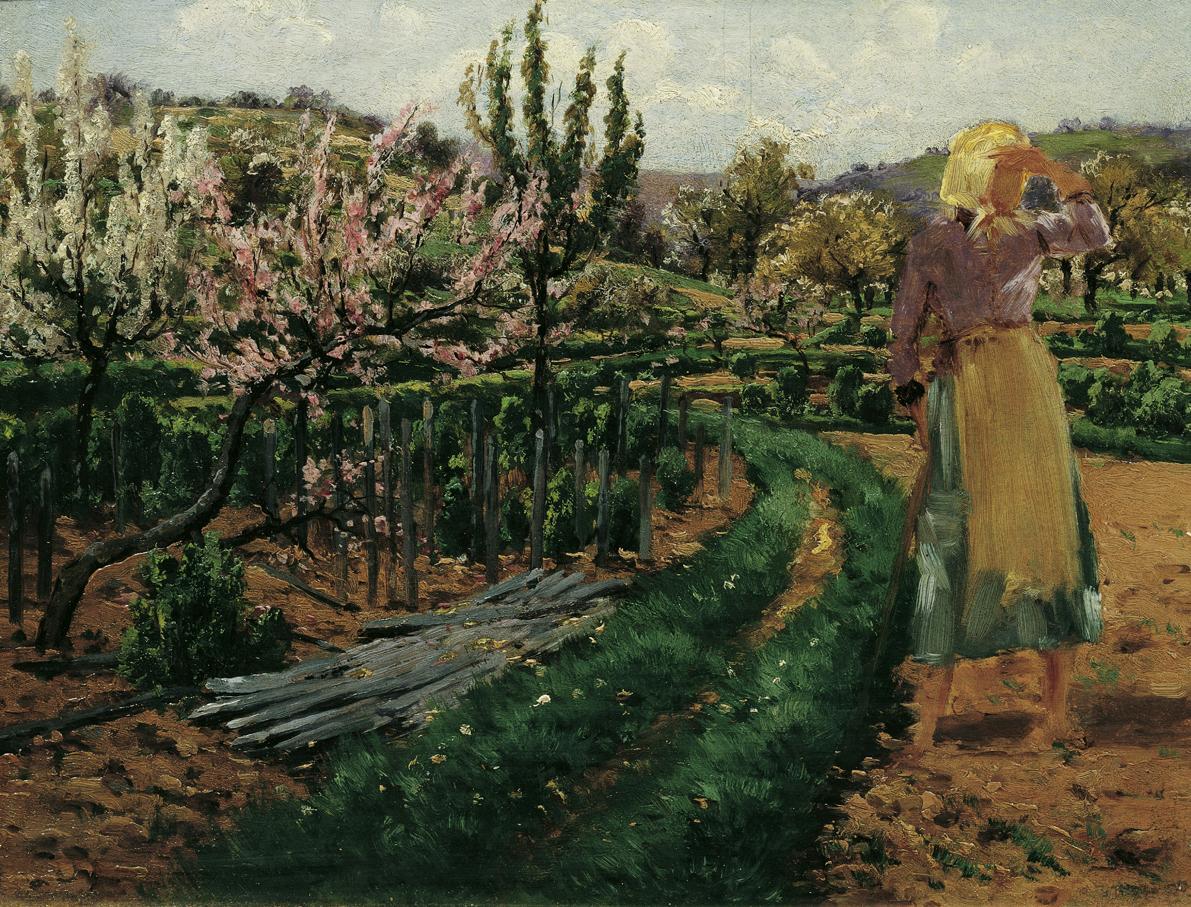 Theodor von Hörmann, Mädchen im Obstgarten, um 1890, Öl auf Holz, 22 x 27 cm, Belvedere, Wien,  ...